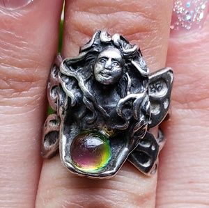 Goddess Ring in Sterling Silver with Rainbow Gem